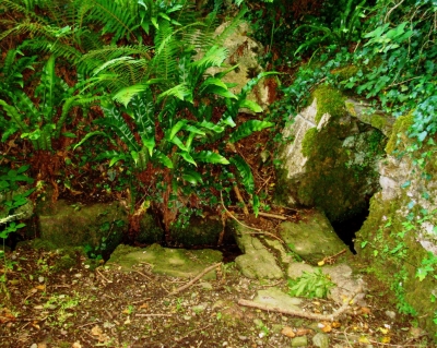 Holy Well surrounding by a simple stone structure with a stone drain channel running off.