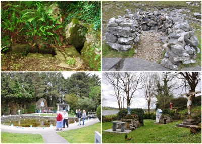A selection of holy wells (clockwise, from top left): Sunday’s Well, Raffeen, Cork, a simple well in the hillside that is frequented by a small number of locals; St Patrick’s Well Mam Éan, Connemara, a well on a mountain pass surrounded by a walled enclosure with a collection of votive offerings; St John’s Well, Newhall, Clare, an enclosed well with an altar, several statues and a shrine, the site is visited on June 23rd, St John’s Eve; ‘Tubrid’, Millstreet, Cork, an elaborate well-site with a Marion Grotto, an sheltered altar, railings and a landscaped environment, an annual mass is celebrated on a Friday in May.
